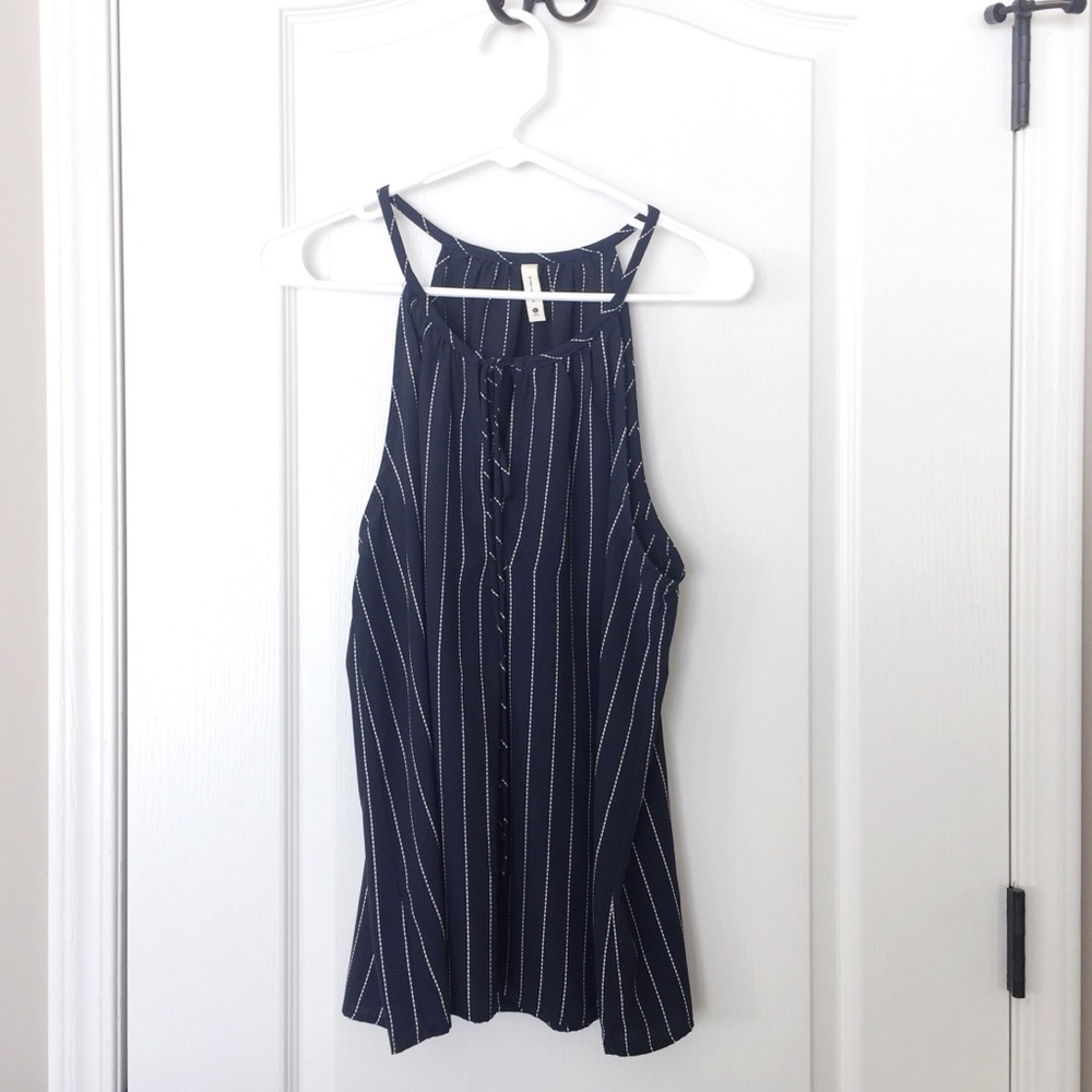 TYCHE tank blouse. Navy blue with white